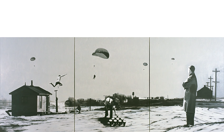 black and white painting in triptych of a house on a beach and paratroopers floating above being surveyed by a man on the right panel